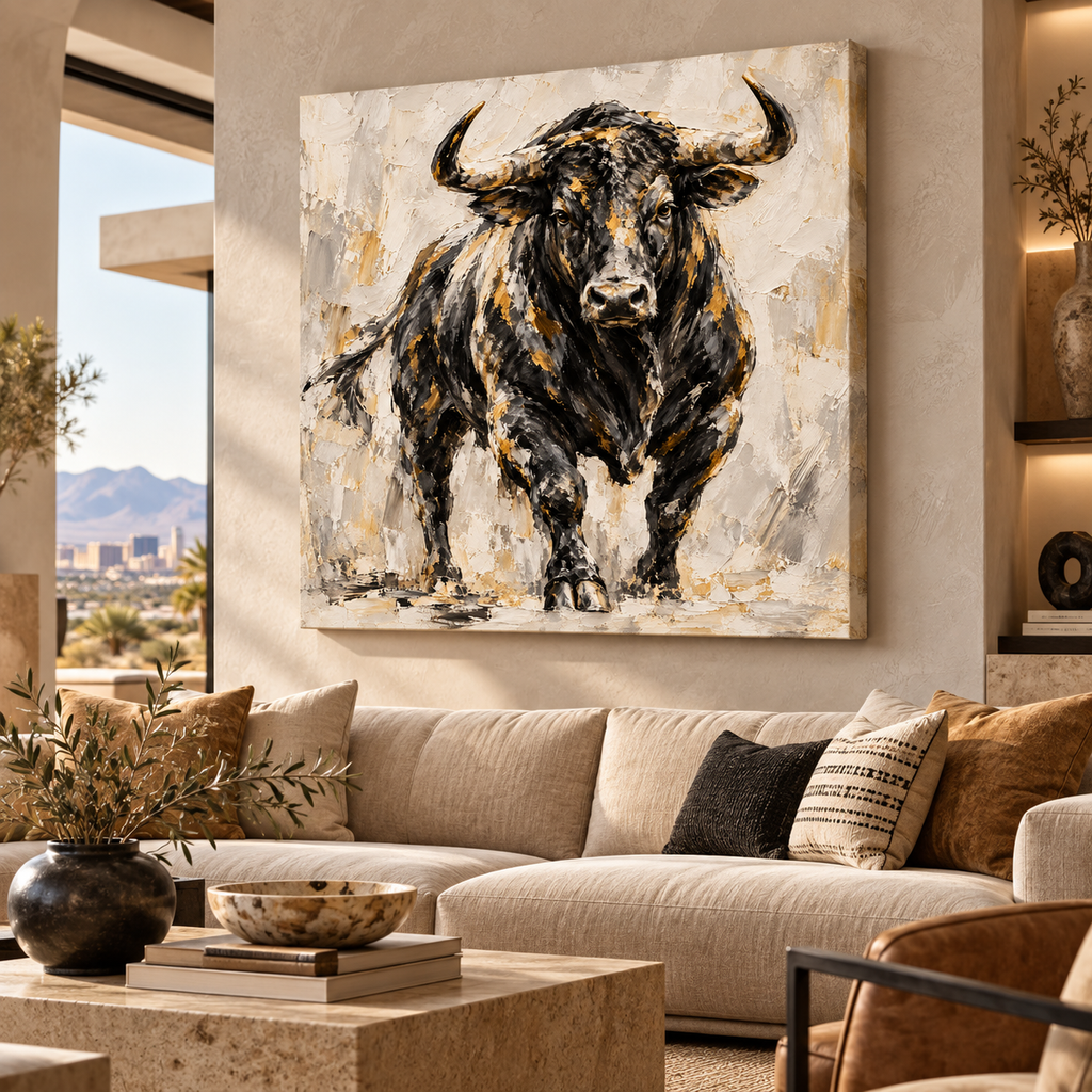 Black Bull Wall Art – Abstract Western Cattle Canvas