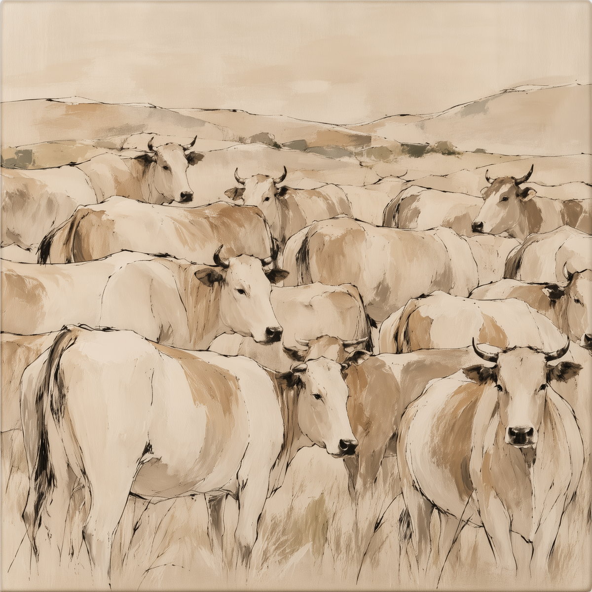 Cow Herd Wall Art – Neutral Cattle Canvas for Rustic Farmhouse Decor