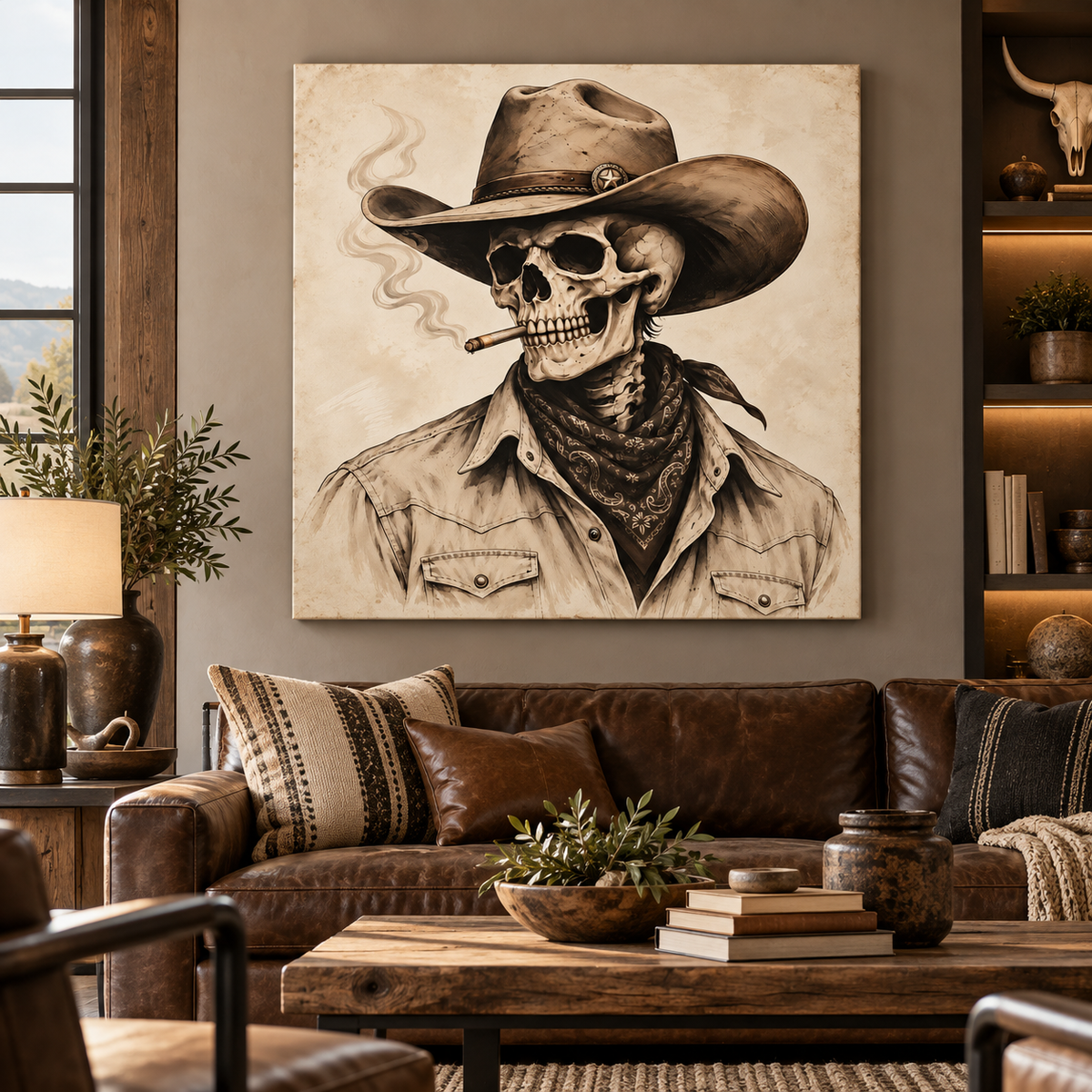 Skeleton Cowboy Wall Art – Vintage Western Skull Canvas