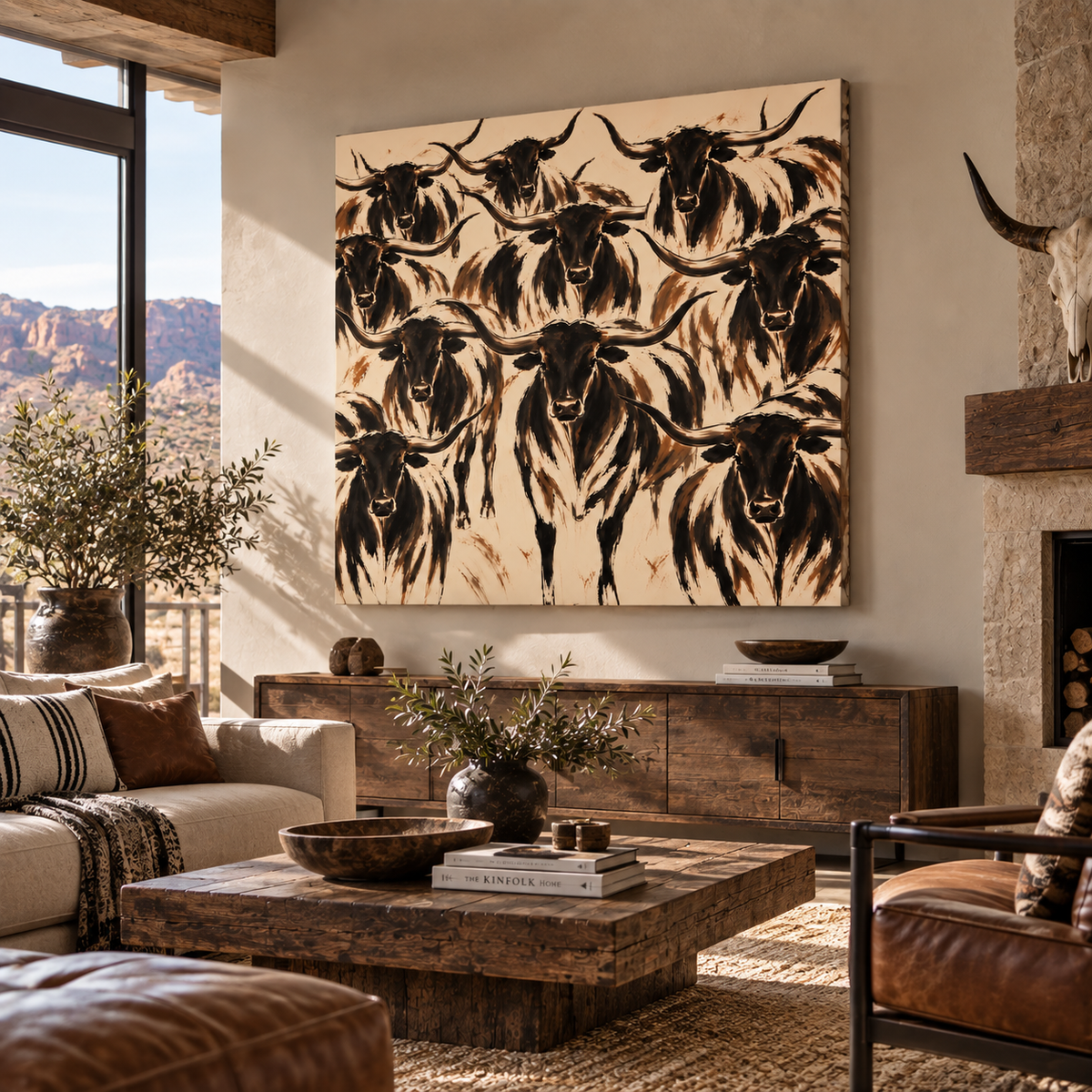 Longhorn Herd Wall Art – Modern Western Cattle Canvas