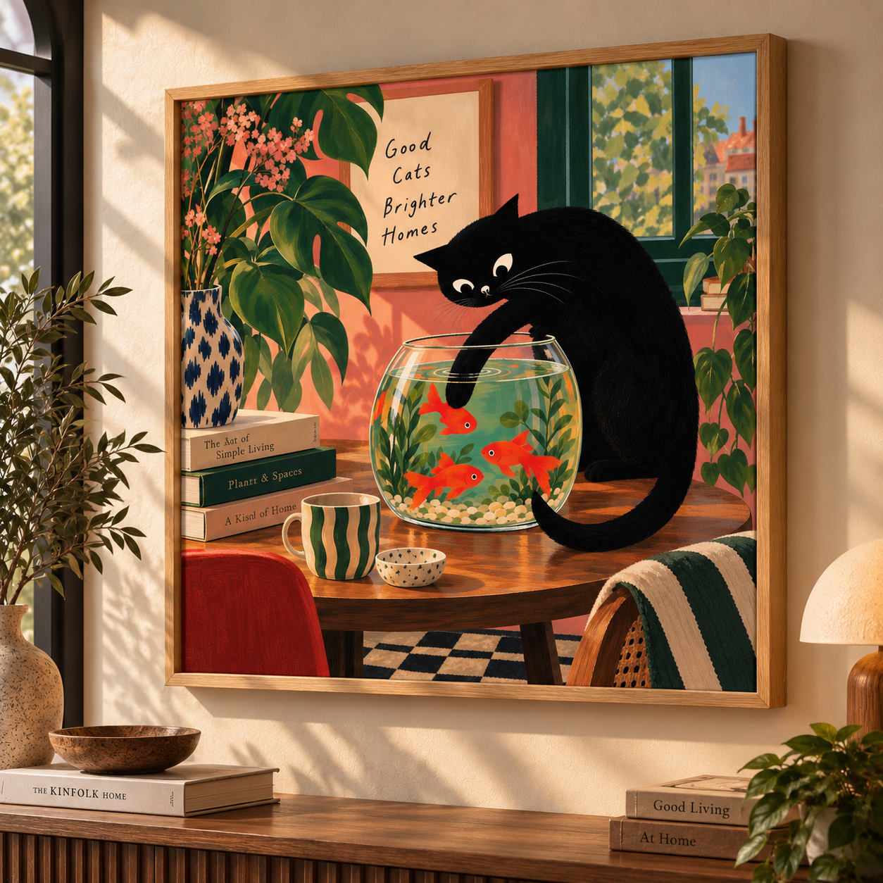 Black Cat and Goldfish Wall Art – Whimsical Cat Fishbowl Canvas-''Caught in the act''