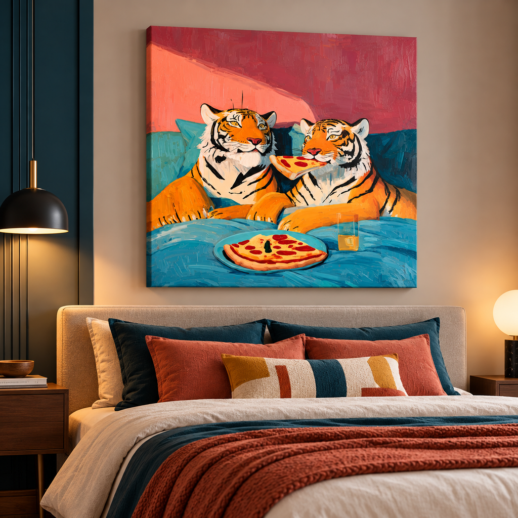 Funny Tiger Wall Art – Two Tigers Eating Pizza Canvas Print