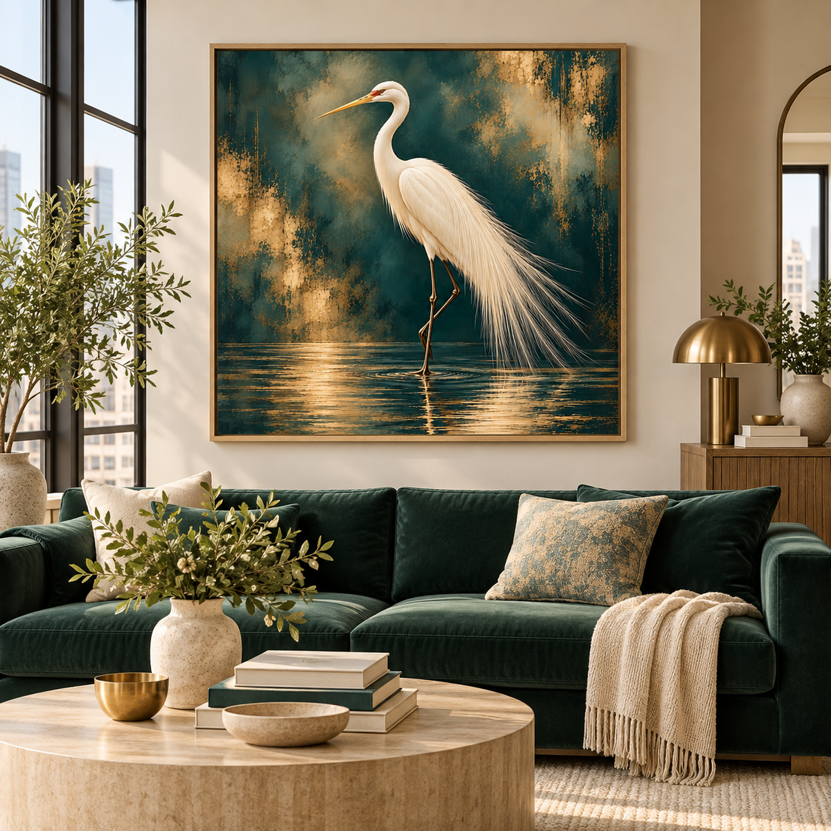 White Egret Wall Art – Teal & Gold Bird Canvas