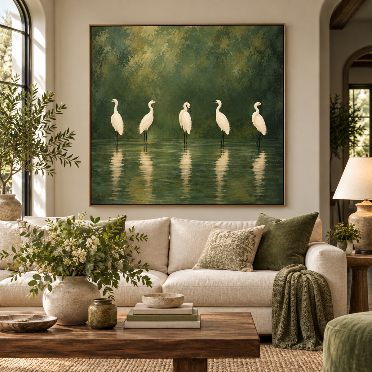 White Egret Wall Art – Five Birds on Deep Green Canvas