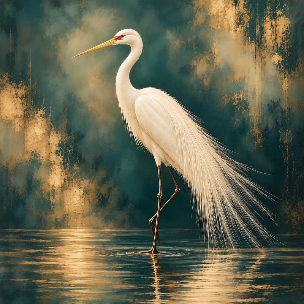White Egret Wall Art – Teal & Gold Bird Canvas